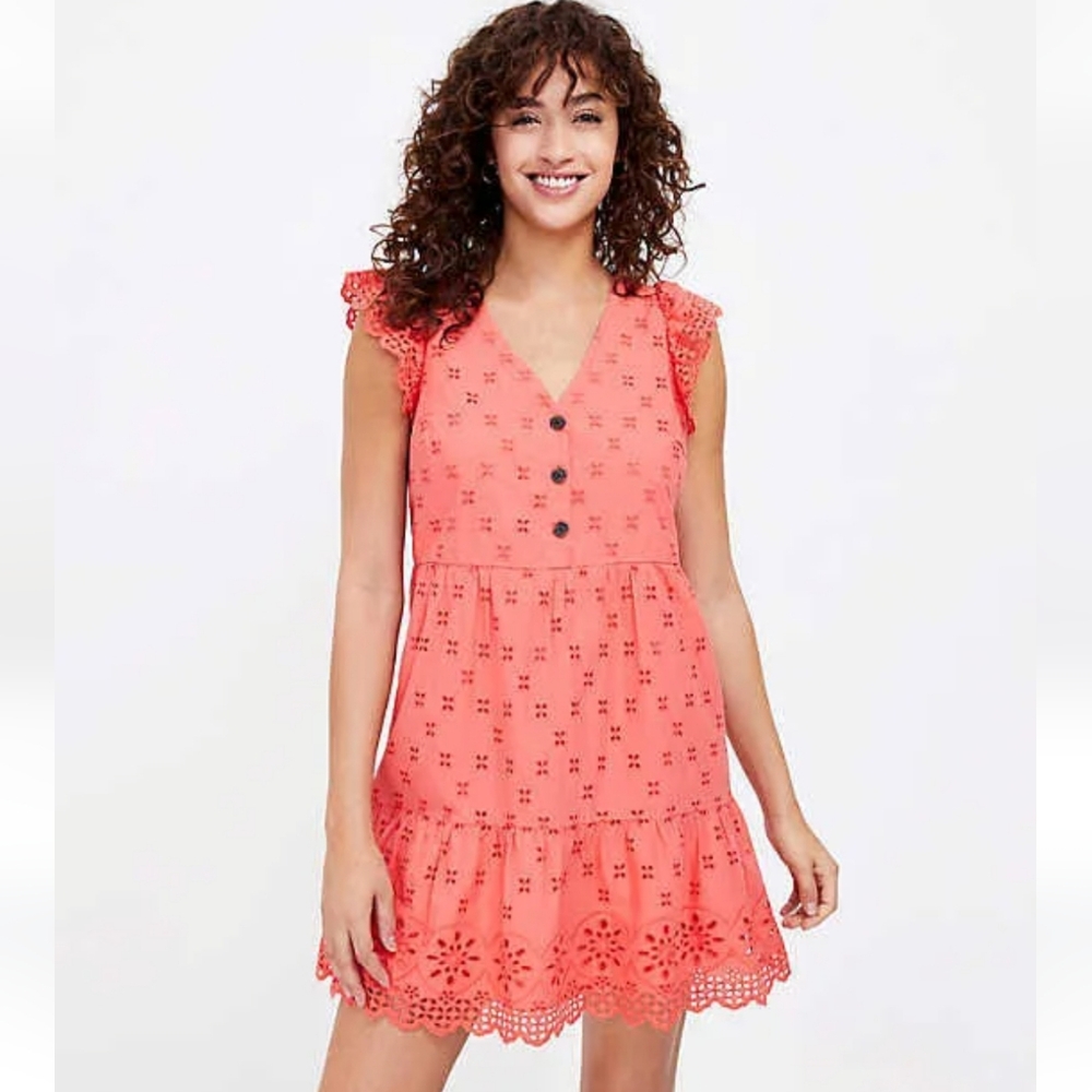 Loft petites size 4 coral color eyelet lace tank sleeve dress